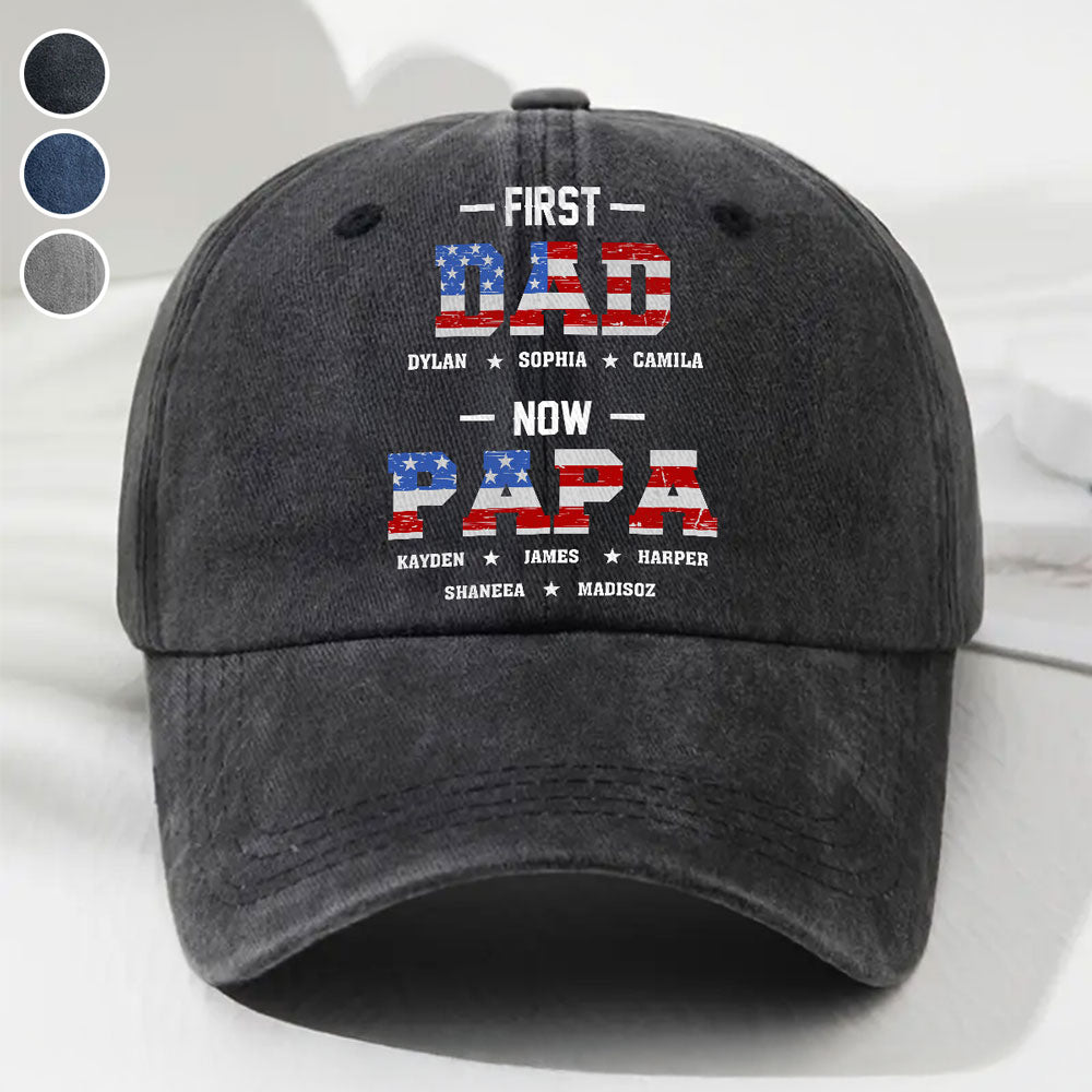 First Dad Now Papa - Personalized Custom Vintage Washed Denim Cap