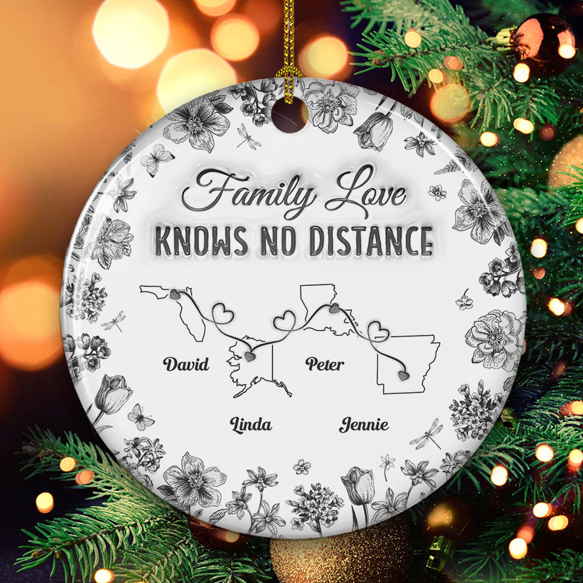 Family Love Knows No Distance Toile Style - Personalized Custom 3D Inflated Effect Ceramic Ornament