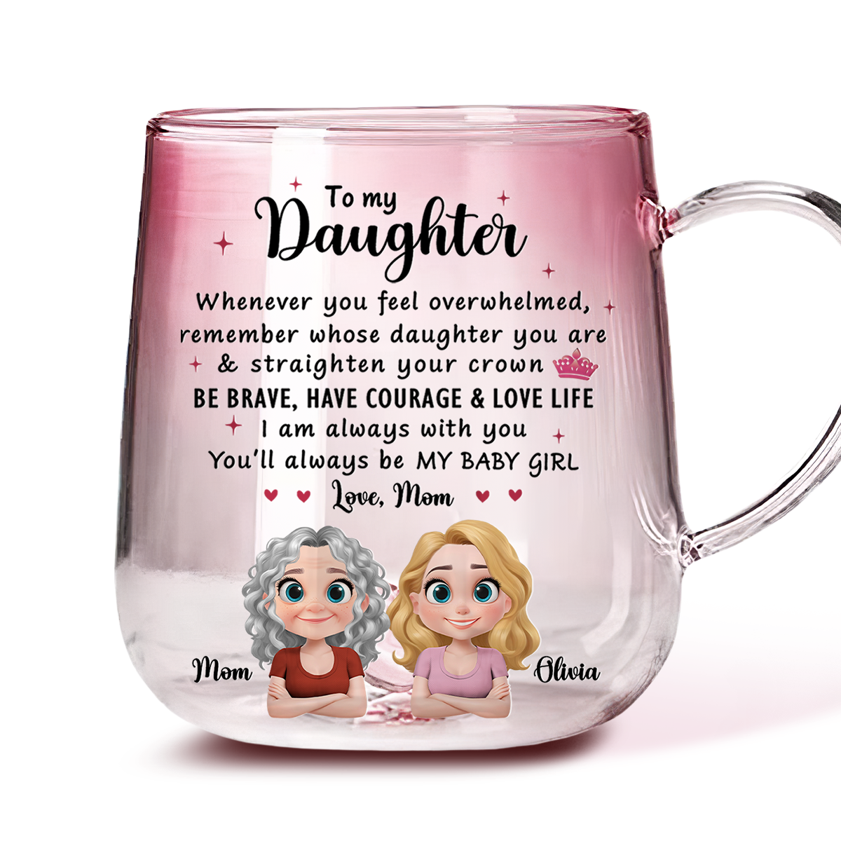 Mom To Daughter Straighten Your Crown - Personalized Custom Pink Gradient Glass Mug