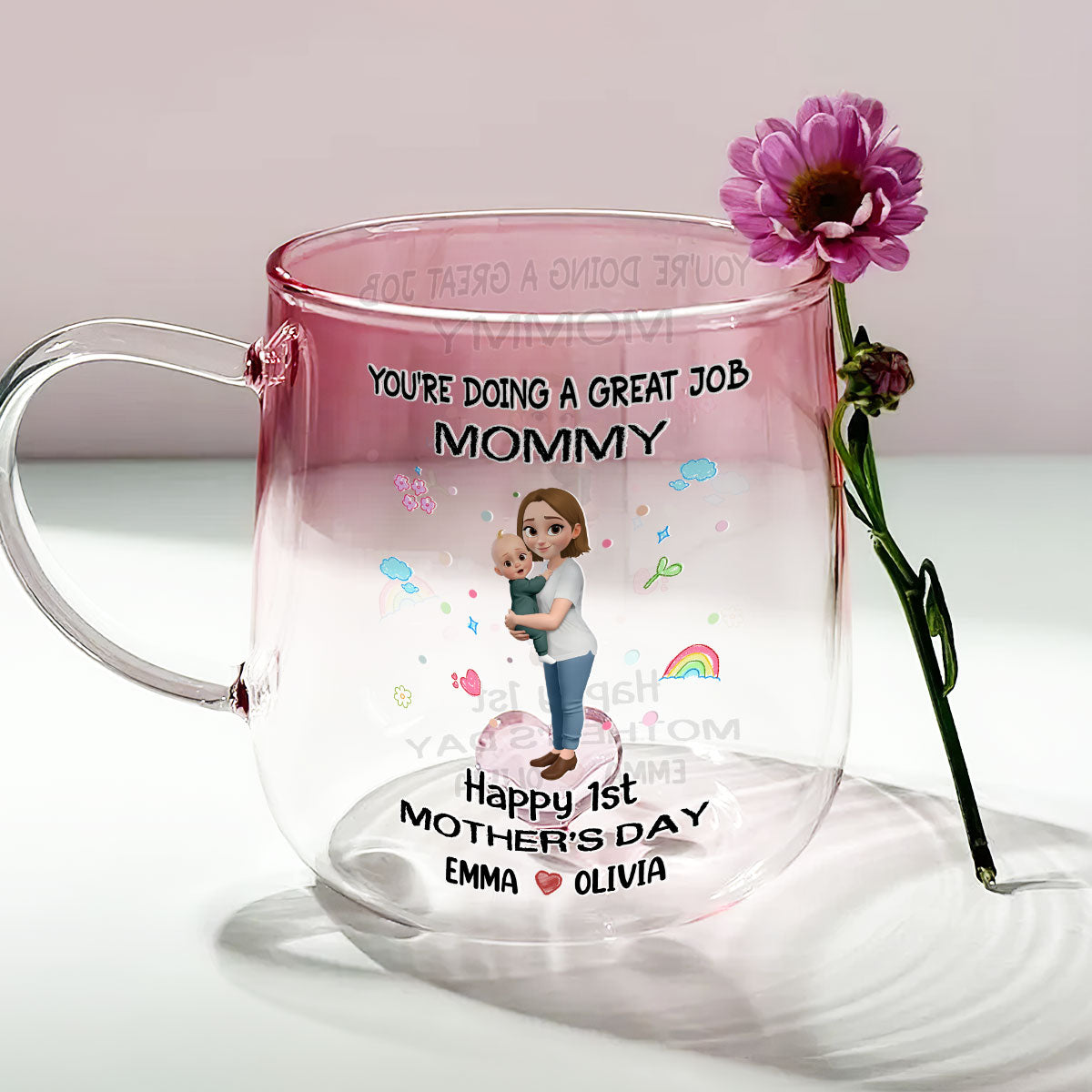 Mommy And Baby Bond - Personalized Custom Pink Gradient Glass Mug