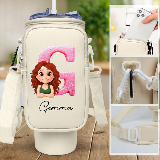 Glitter Alphabet Cartoon - Personalized Custom Water Bottle Carrier Bag