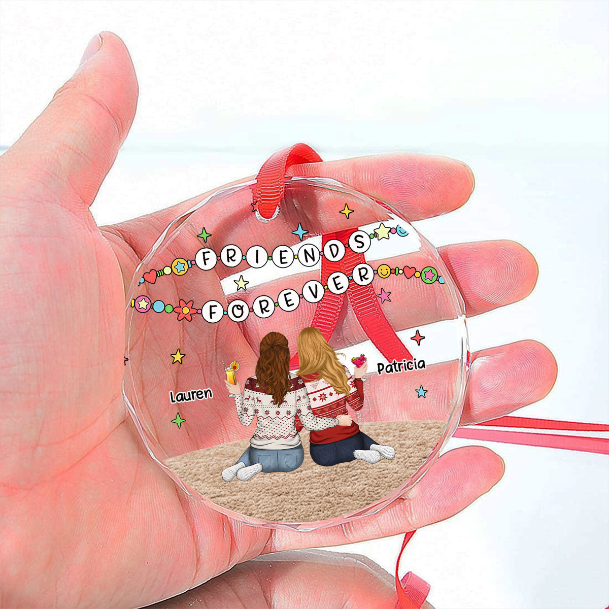 Sisters Sitting Colorful - Personalized Custom Glass Ornament