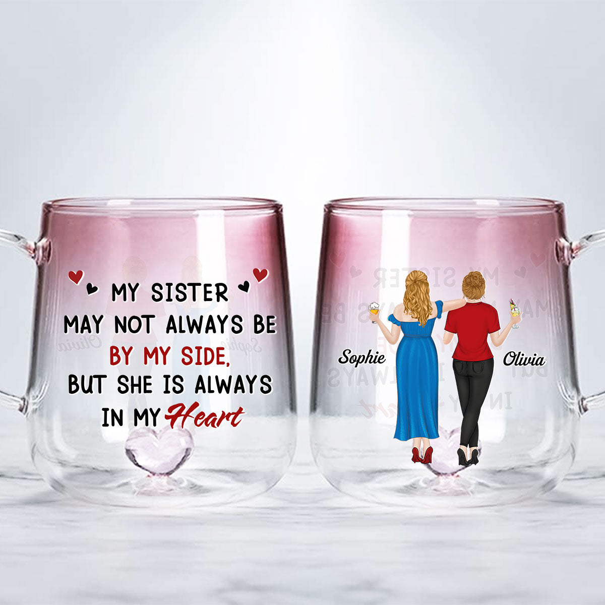 Sisters By Heart Not Distance - Personalized Custom Pink Gradient Glass Mug