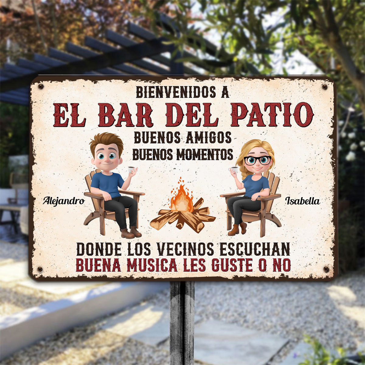 Parrillada en el patio y buena música â€?Letrero metálico personalizado