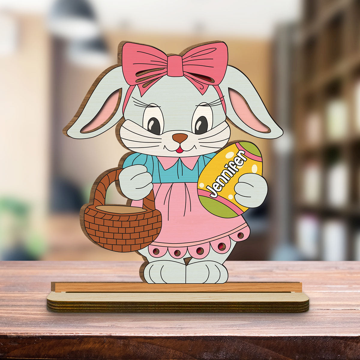 Spring Bunny Surprise - Personalized Custom 2-Layer Wood Plaque With Flat Base