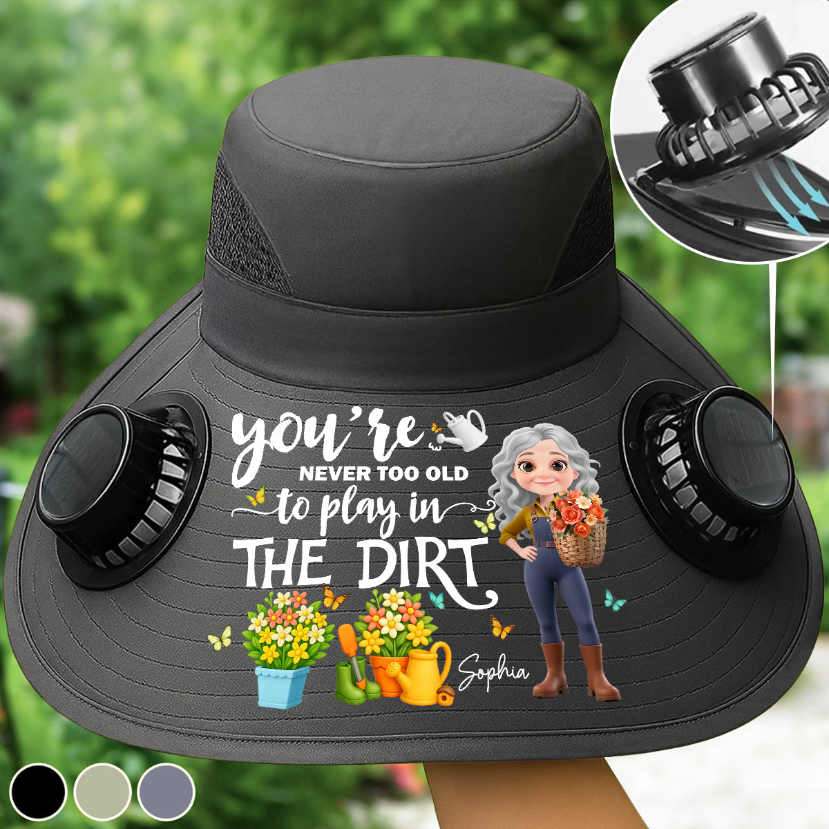 Never Too Old To Play In the Dirt - Personalized Custom Solar Fan Hat