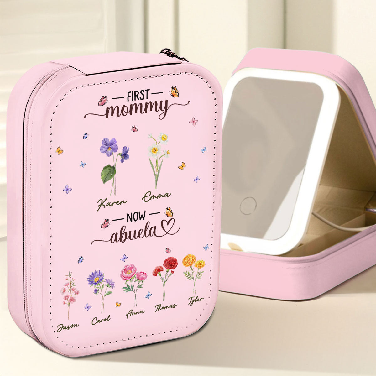 First Mom Now Grandma - Personalized Custom Jewelry Box With LED Mirror