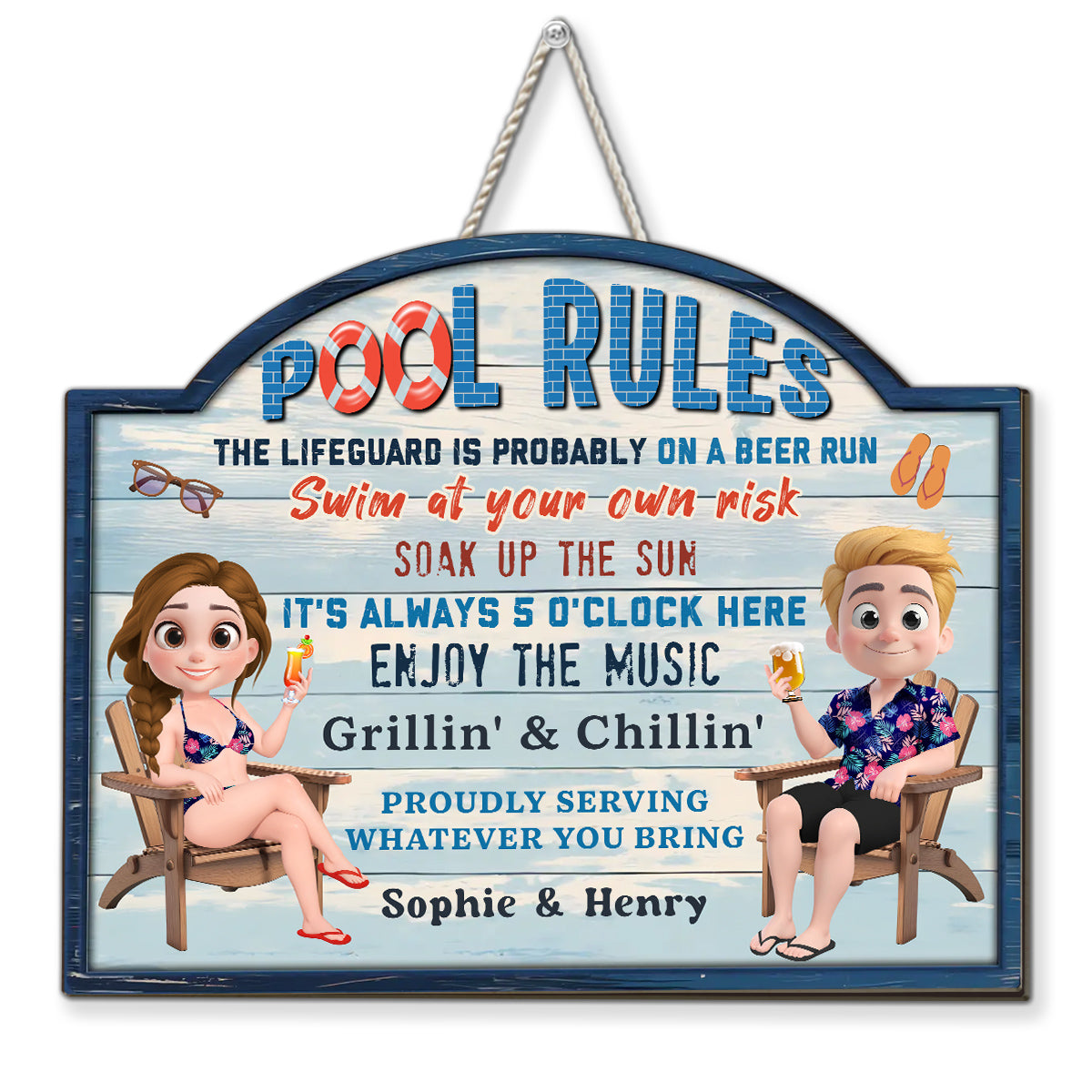 Pool Rules Swim At Your Own Risk Grilling Family - Personalized Custom Wood Sign