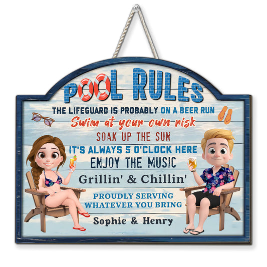 Pool Rules Swim At Your Own Risk Grilling Family - Personalized Custom Wood Sign