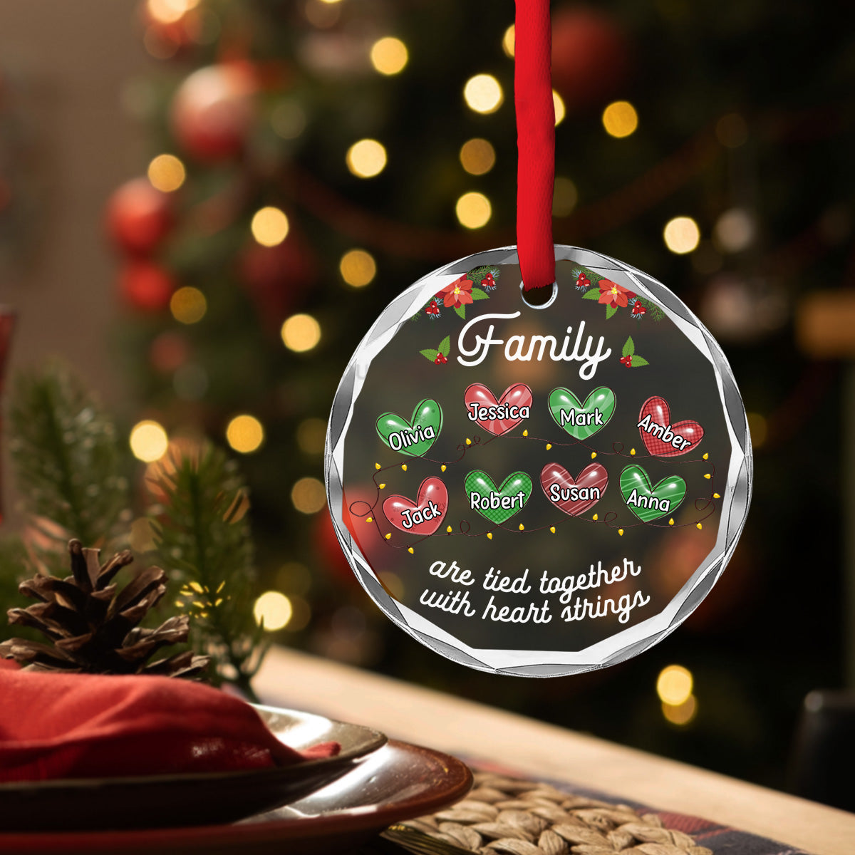 Family Are Tied Together With Heart Strings - Personalized Custom Glass Ornament