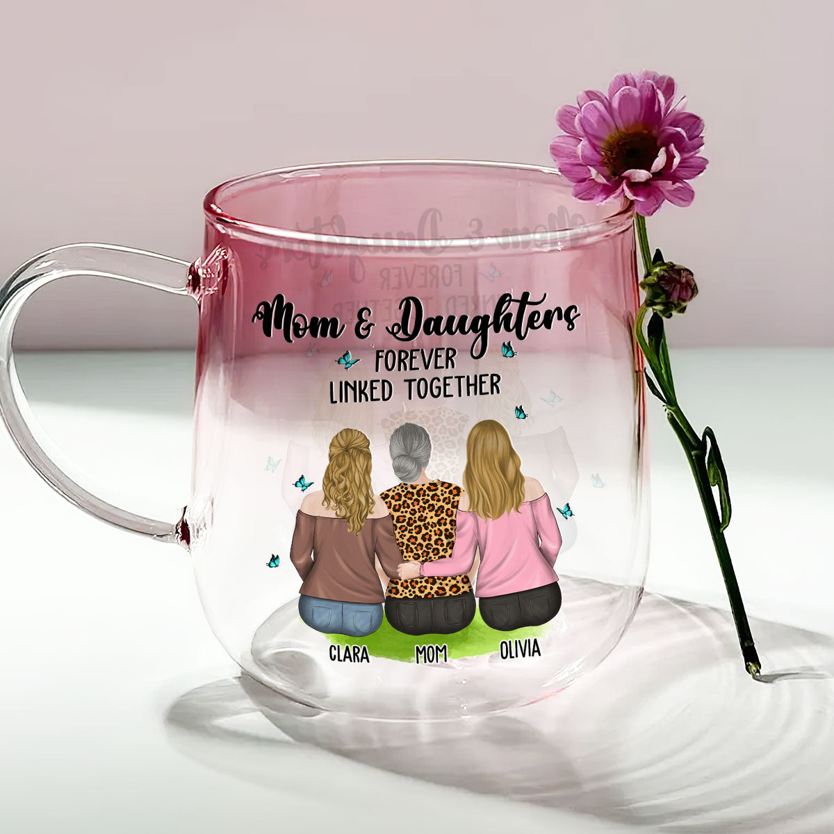 Mom And Daughter Connected by Love - Personalized Custom Pink Gradient Glass Mug