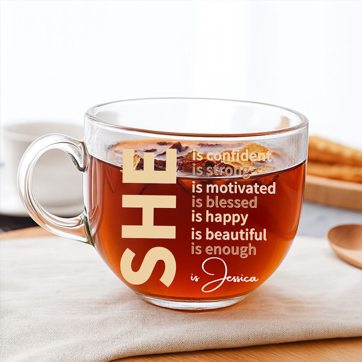She Is Beautiful - Personalized Custom Glass Tea Cup