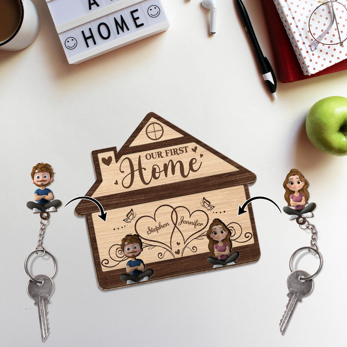 Our First Home - Personalized Wooden Key Holder With Keychain
