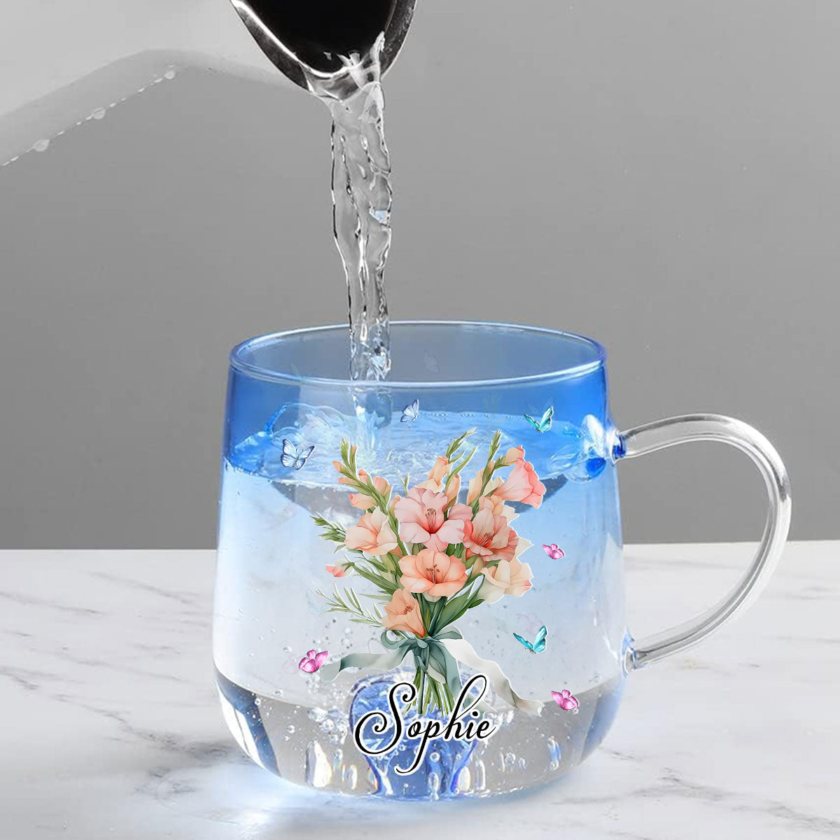 Birthmonth Flower With Name - Personalized Custom Blue Gradient Glass Mug