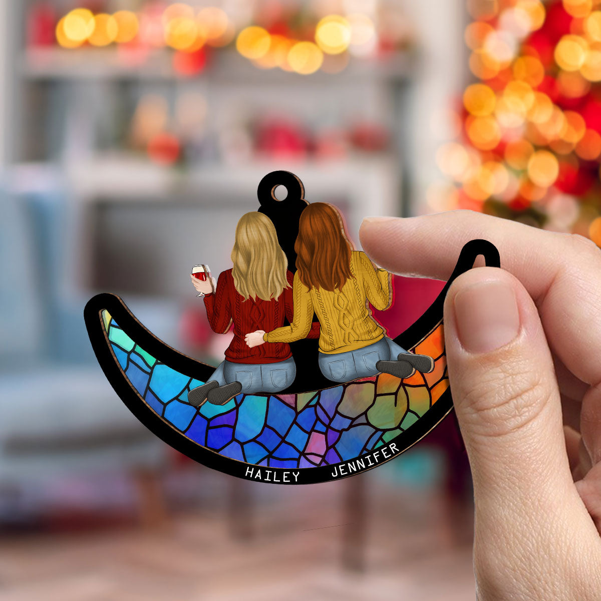 Besties Sitting On The Moon - Personalized Custom Suncatcher Ornament