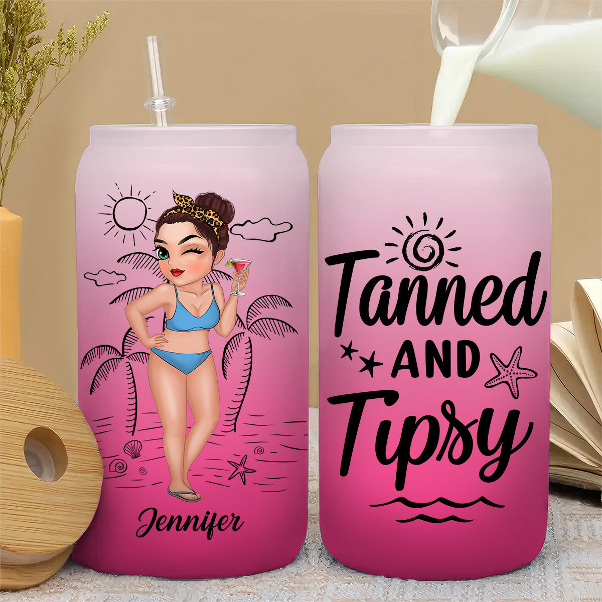 Tanned And Tipsy - Personalized Custom Ombre Frosted Glass Can