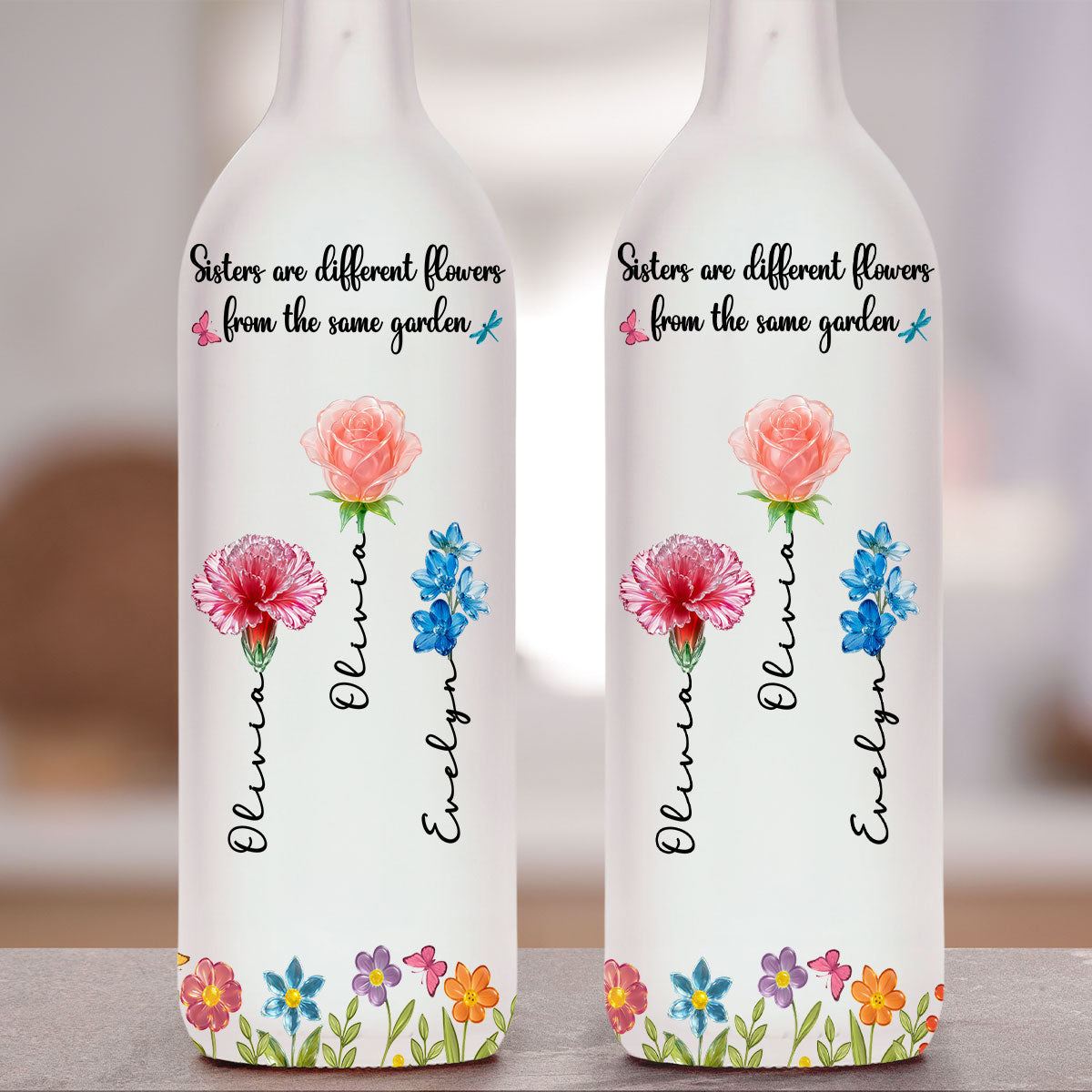 Sisters Are Different Flowers From The Same Garden Ver 2 - Personalized Custom Bottle Lamp