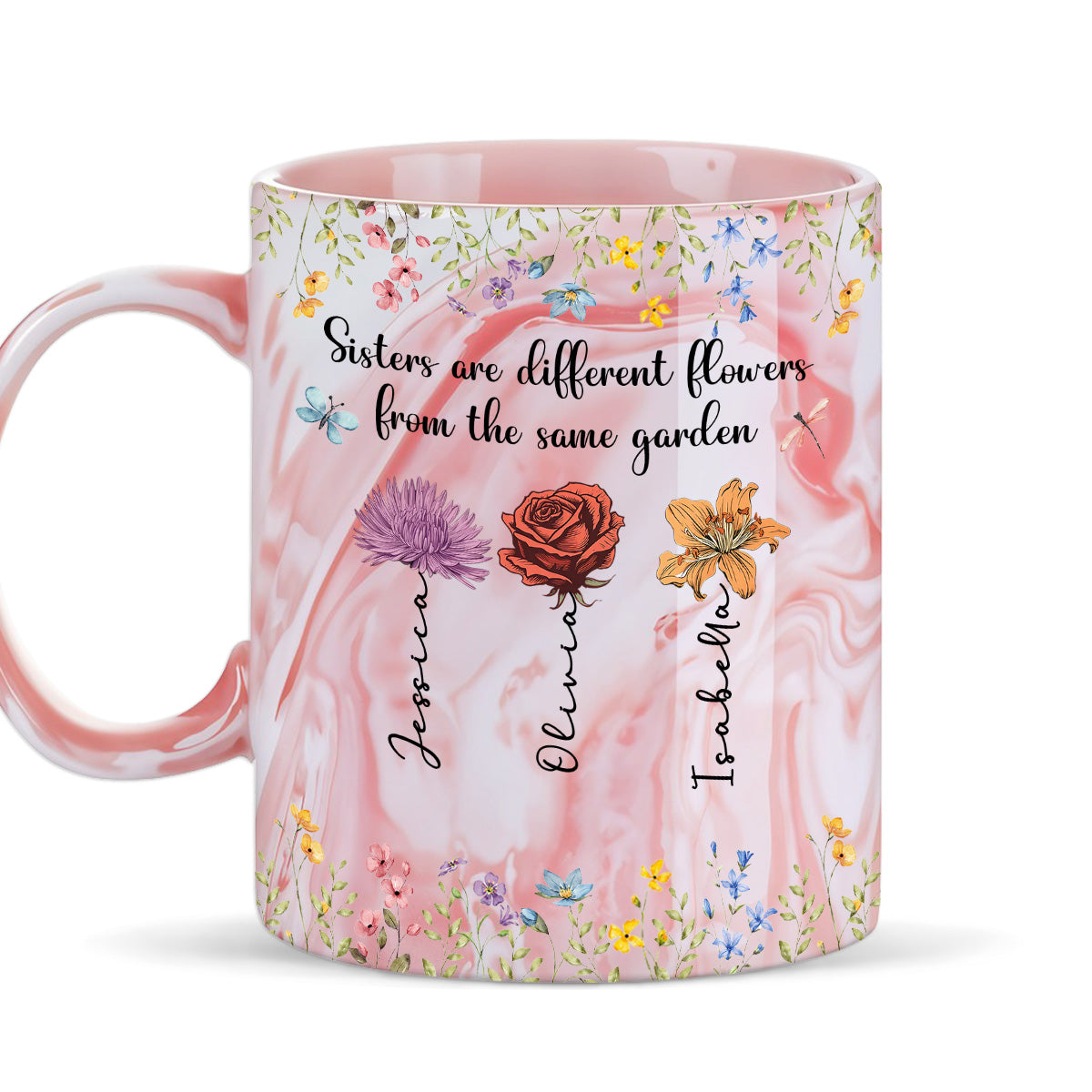 Sisters Are Different Flowers - Personalized Custom Pink Marble Mug