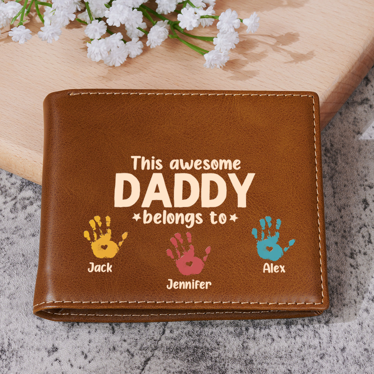 This Awesome Dad Belongs To - Personalized Custom Printed Men Leather Wallet