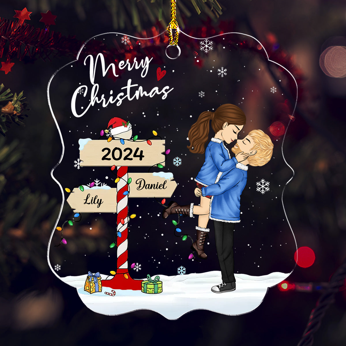 Winter Couple Hugging Kissing In The Snow - Personalized Custom Acrylic Ornament