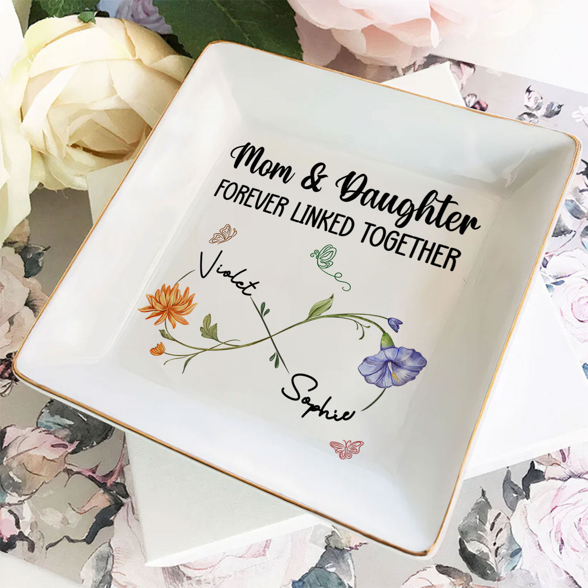 Mom And Daughter Forever Linked Together Birthmonth Flower - Personalized Custom Jewelry Dish