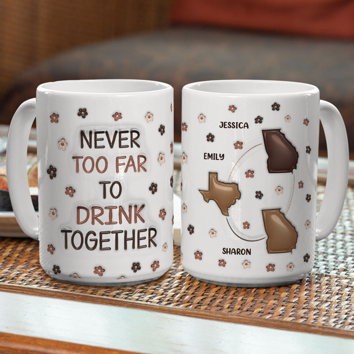 Never Too Far To Have Coffee Together - Personalized Custom 3D Inflated Effect Mug