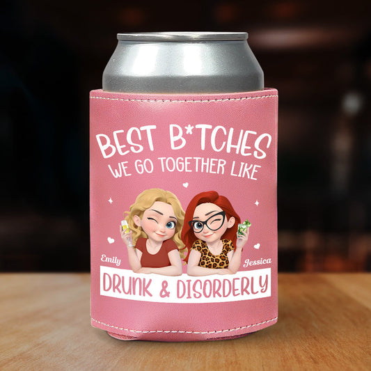 Partners In Wine - Personalized Custom Pink Leather Can Cooler Holder