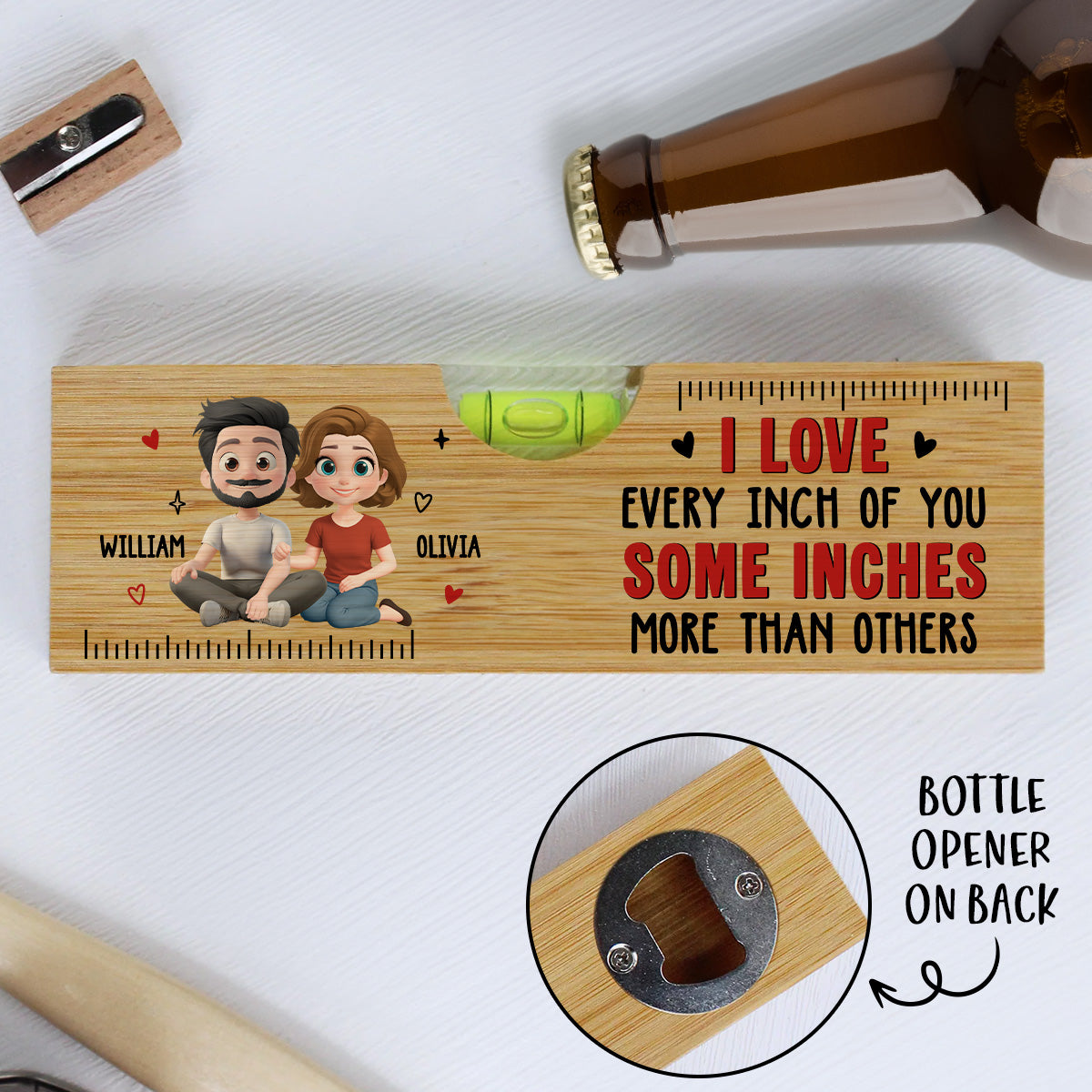 Love Every Inch Of You - Personalized Custom Wooden Spirit Level Bottle Opener