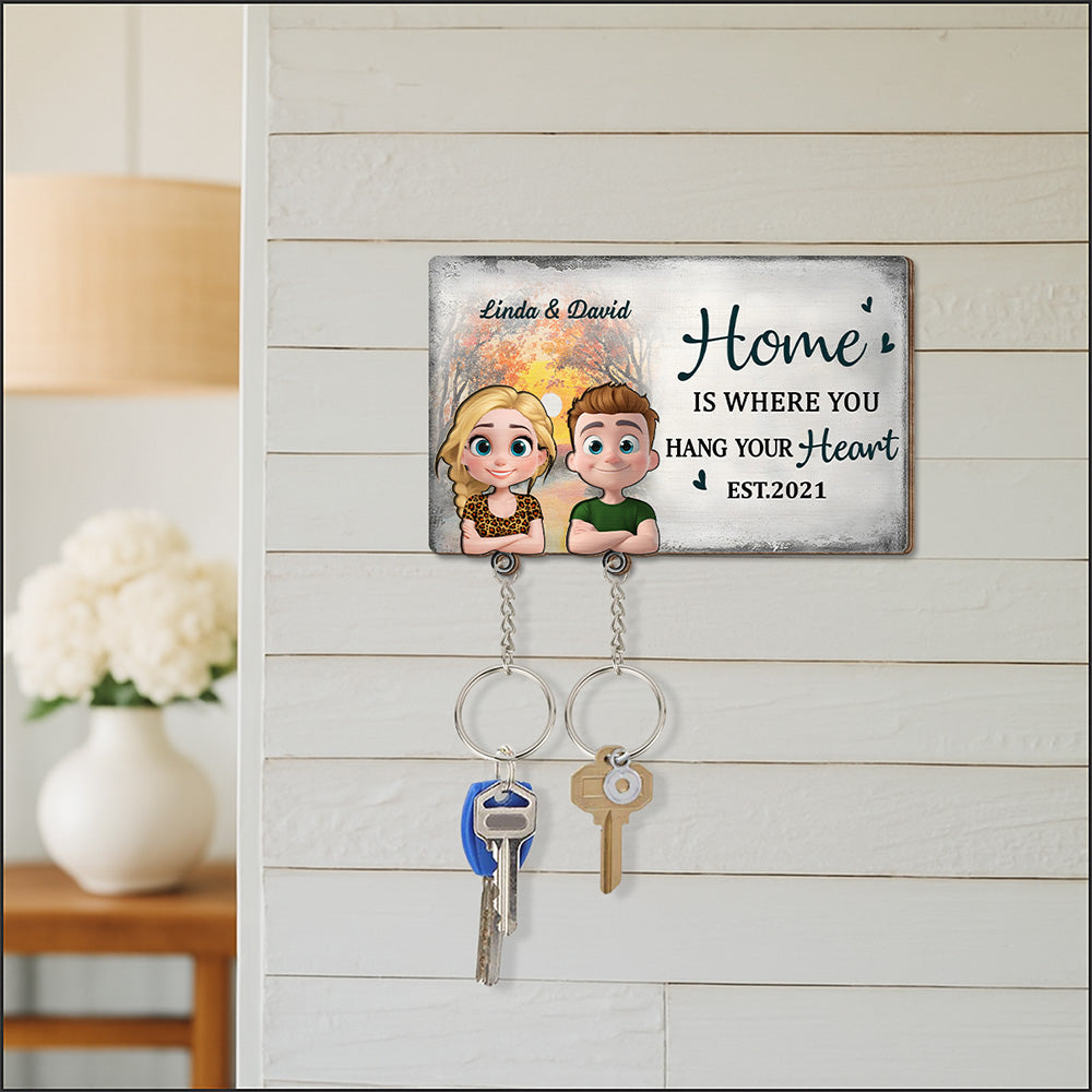 Home Is Where You Hang Your Heart - Personalized Custom Wooden Key Holder With Keychain