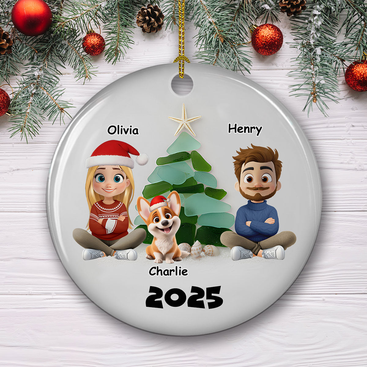 Family Sea Glass Christmas Tree - Personalized Custom Ceramic Ornament