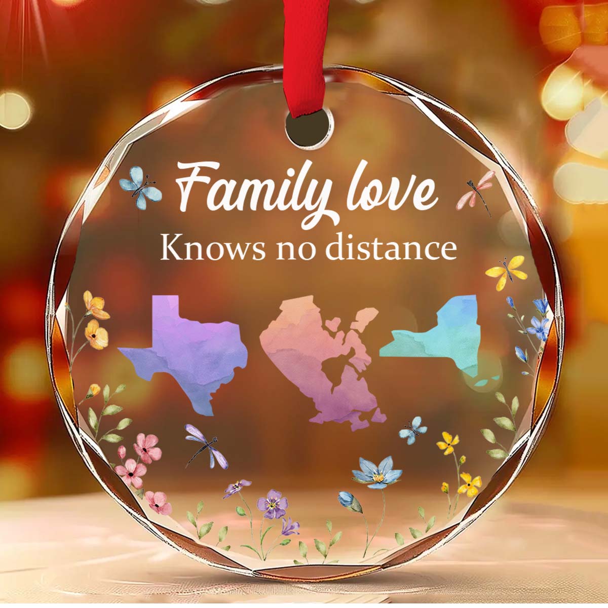 Family Love Knows No Distance Floral Version - Personalized Custom Glass Ornament