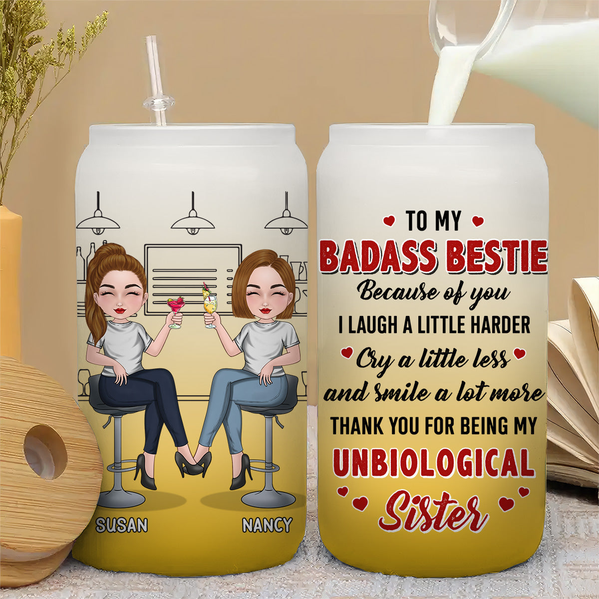 Because Of You I Laugh A Little Harder - Personalized Custom Ombre Frosted Glass Can