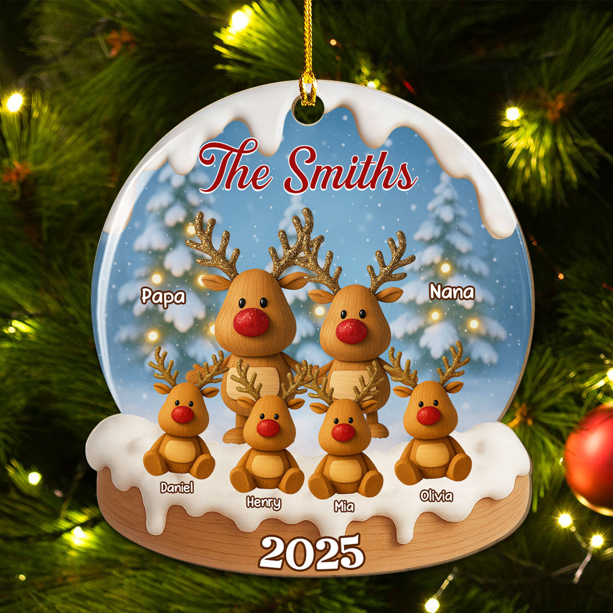 Family Christmas Reindeer - Personalized Custom Wood Ornament