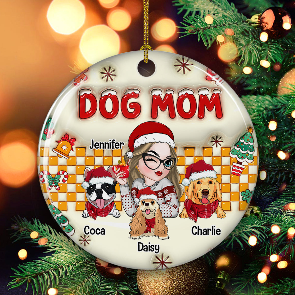 Dog Mom Snow - Personalized Custom 3D Inflated Effect Ceramic Ornament