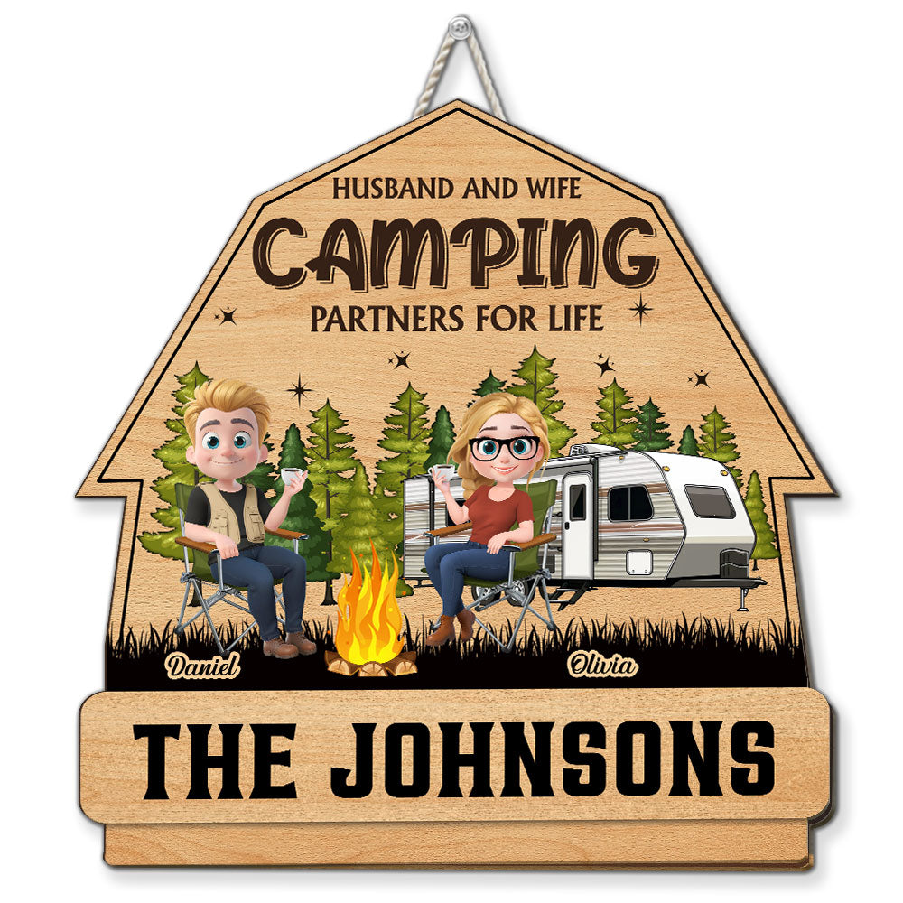 Husband And Wife Camping Partners For Life Cartoonize - Personalized Custom Wood Sign