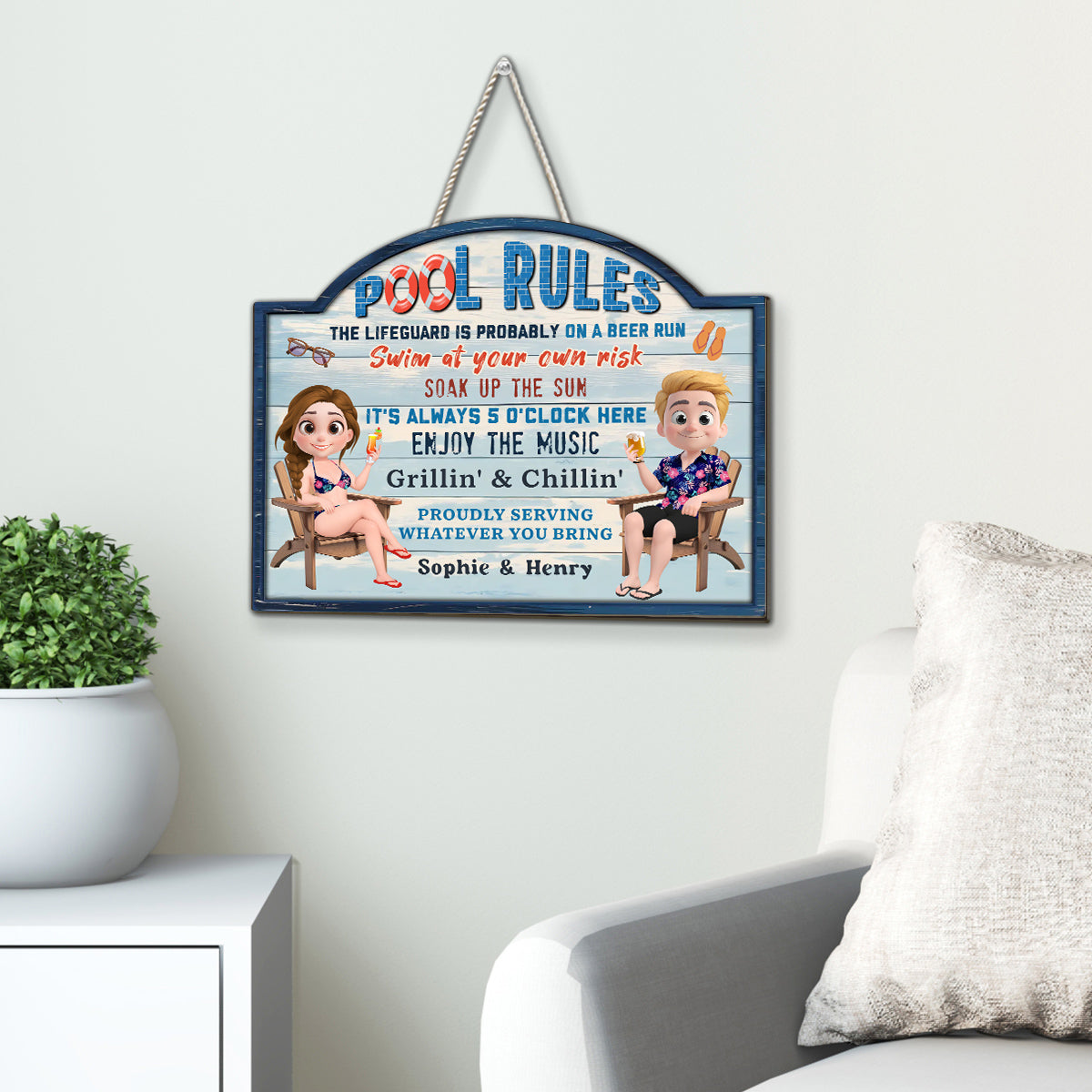 Pool Rules Swim At Your Own Risk Grilling Family - Personalized Custom Wood Sign