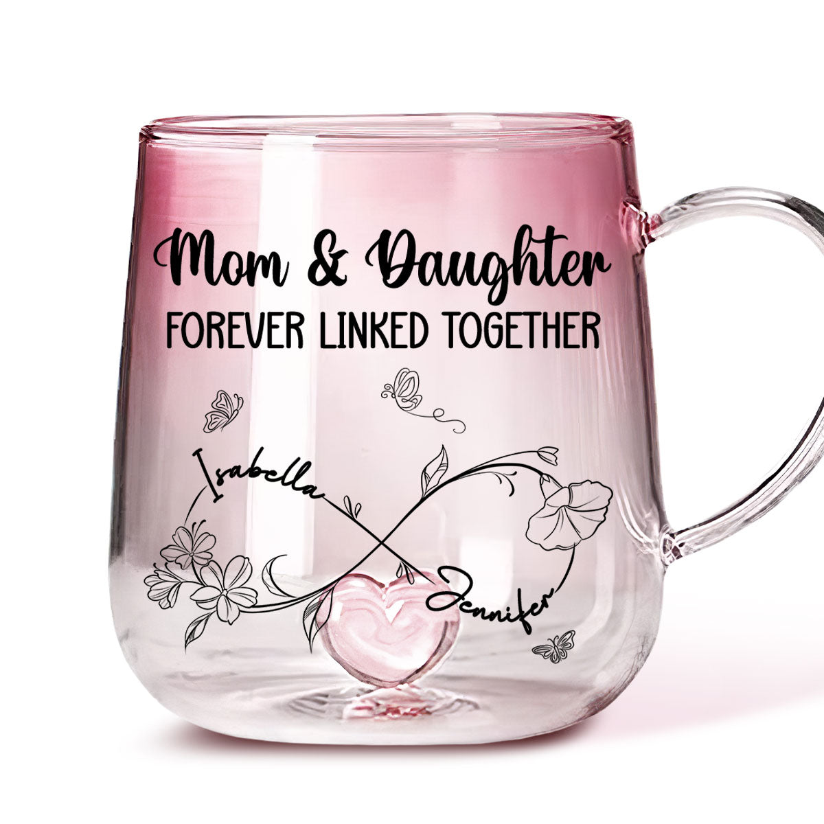 Mom And Daughter Forever Linked Together - Personalized Custom Pink Gradient Glass Mug