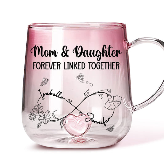 Mom And Daughter Forever Linked Together - Personalized Custom Pink Gradient Glass Mug