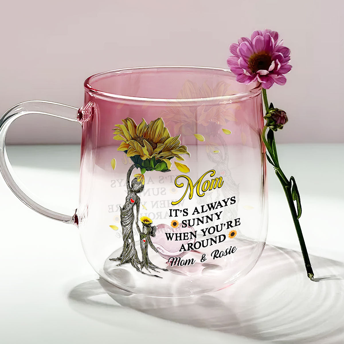 Sunflower Love - Personalized Custom Pink Gradient Glass Mug