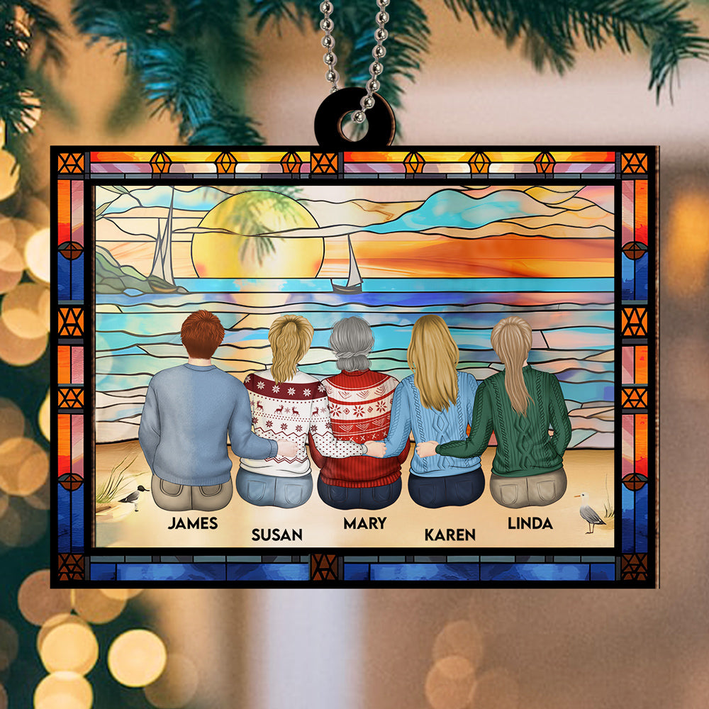 Mom And Children Sitting On The Beach - Personalized Custom Suncatcher Ornament