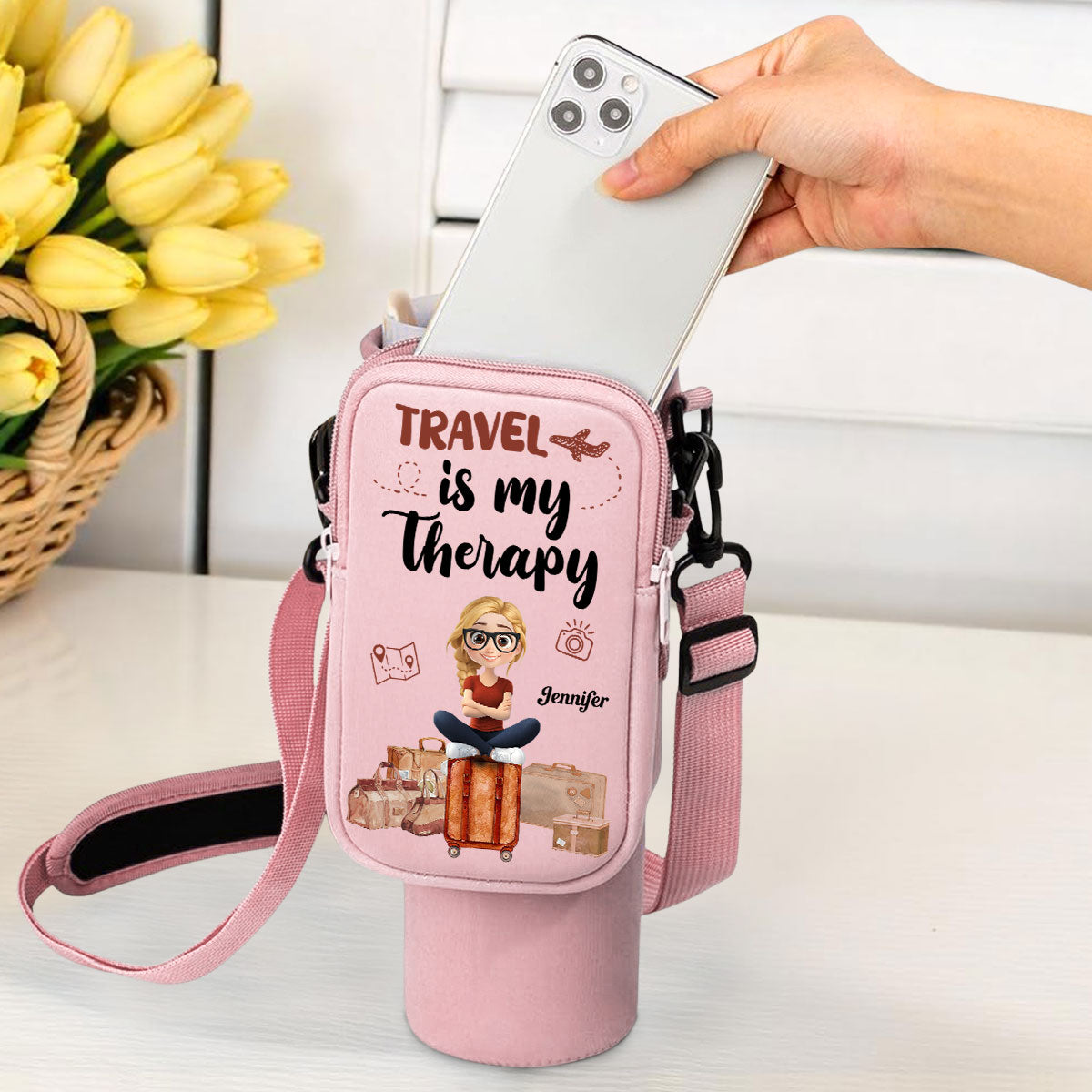 Travel Is My Therapy - Personalized Custom 40oz Water Bottle Carrier Bag