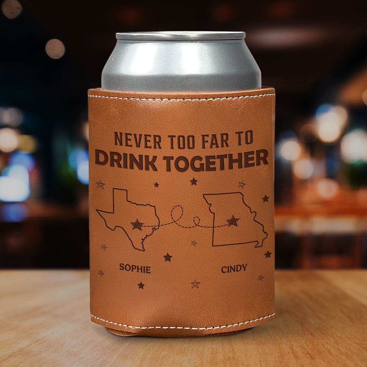 Never Too Far To Drink - Personalized Custom Engraved Leather Can Cooler Holder