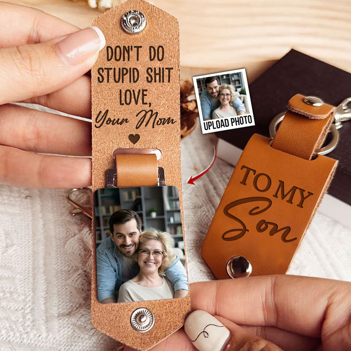 Do Not Do Bad Things - Personalized Leather Photo Keychain