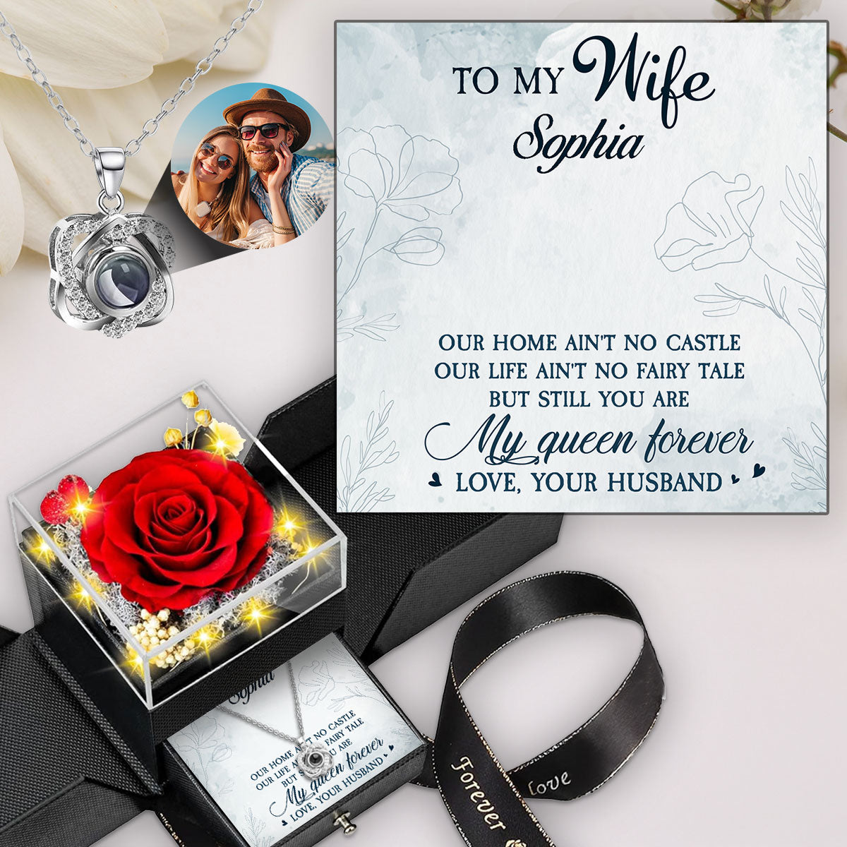 My Queen Forever - Personalized Custom Preserved Rose With Projection Necklace
