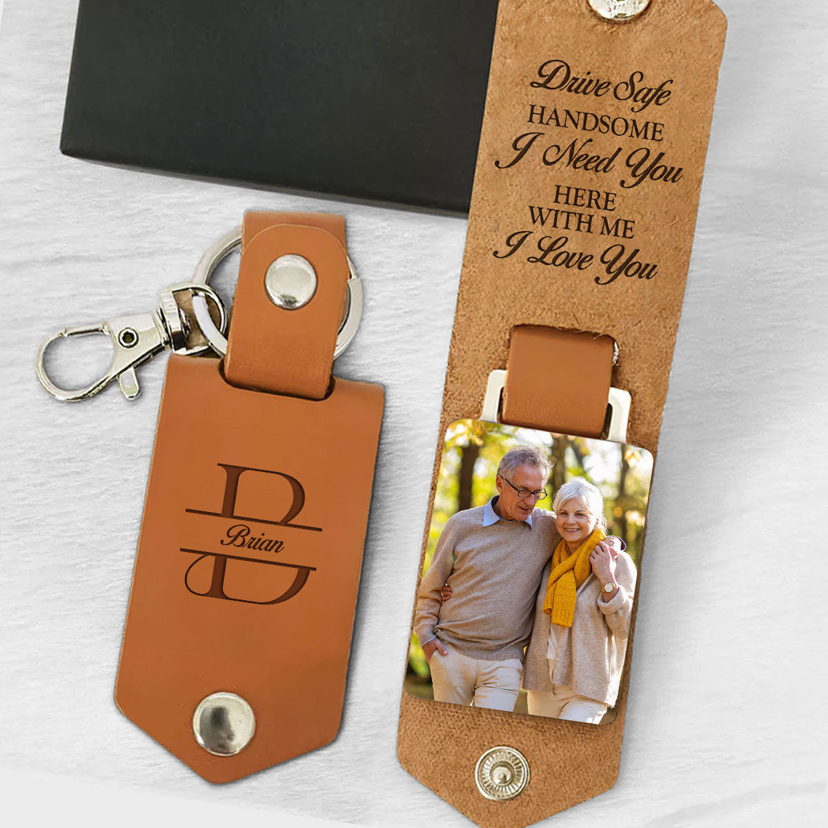 Drive Safe Handsome I Love You - Personalized Leather Photo Keychain