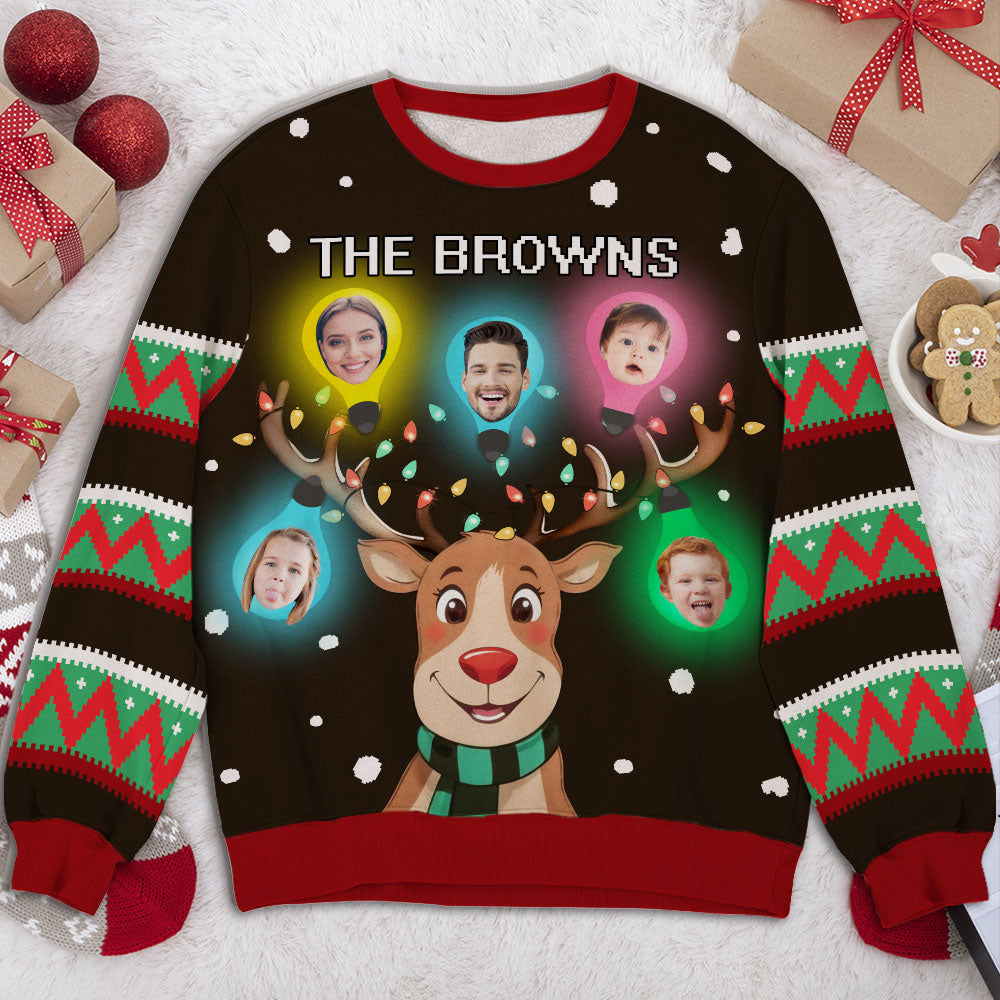 Family Custom Faces Light Reindeer Christmas - Personalized Custom All-Over-Print Sweatshirt