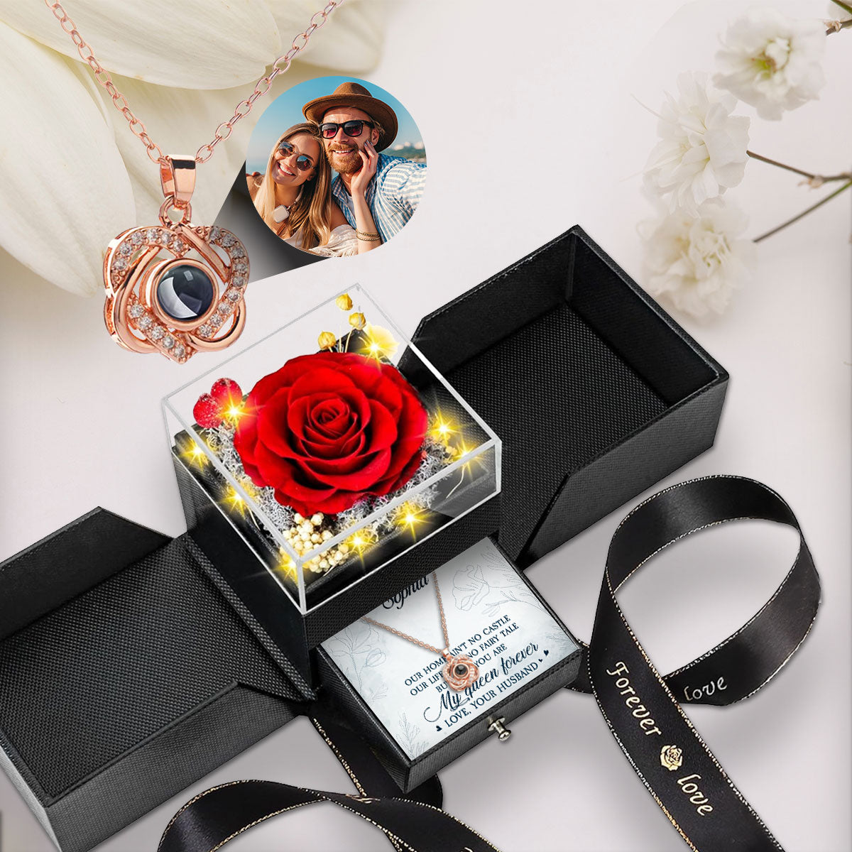 My Queen Forever - Personalized Custom Preserved Rose With Projection Necklace