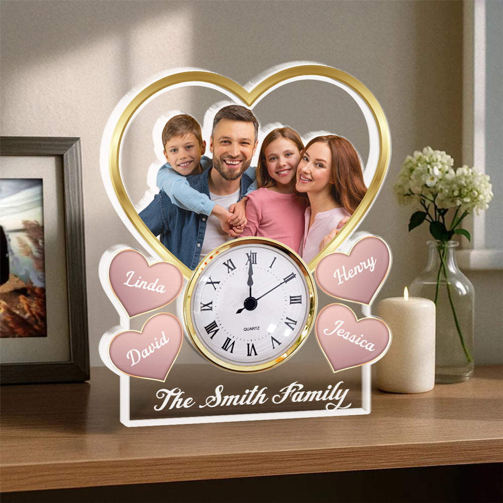 Heart Family Photo - Personalized Custom Acrylic Desk Clock Plaque