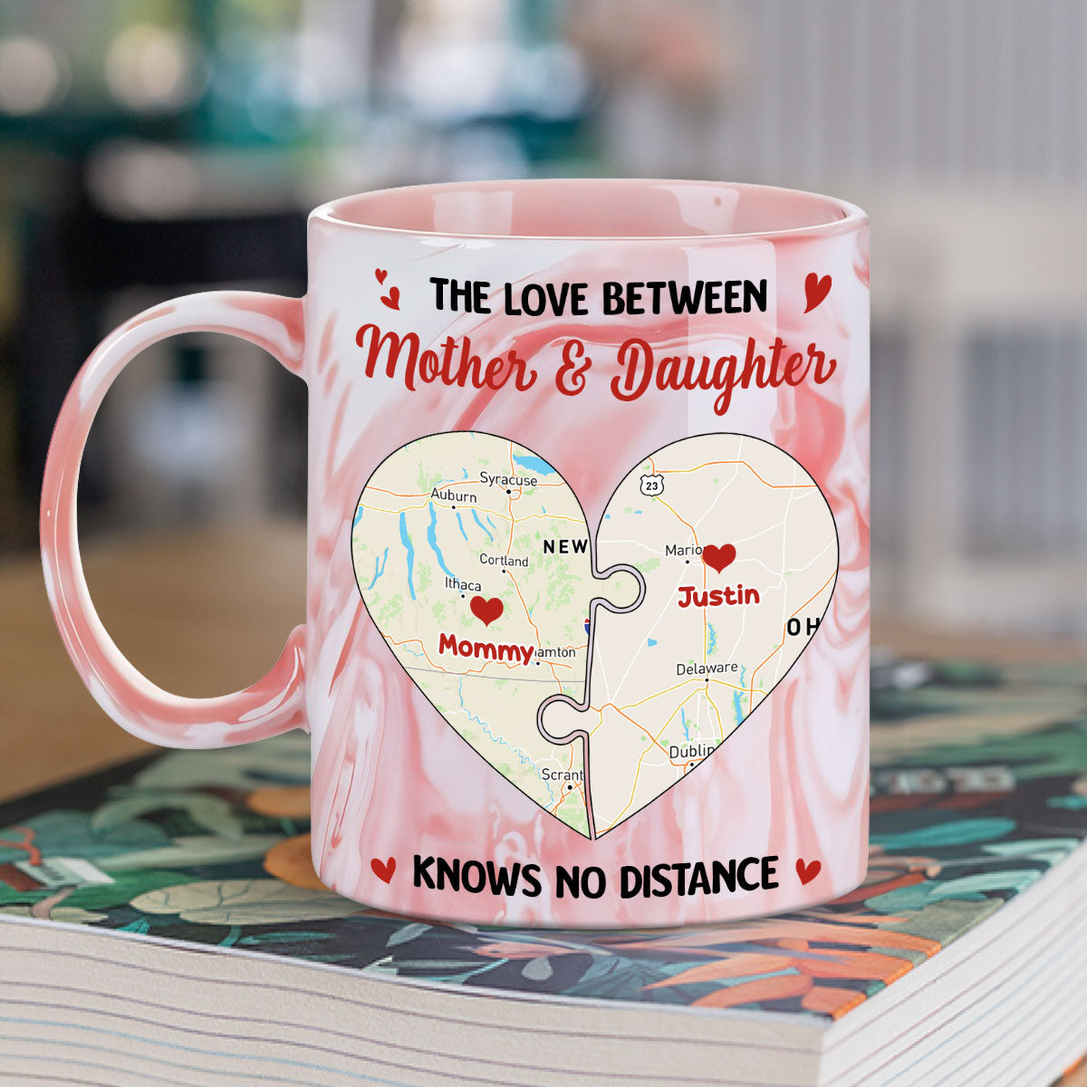Mother And Daughter No Distance - Personalized Custom Pink Marble Mug