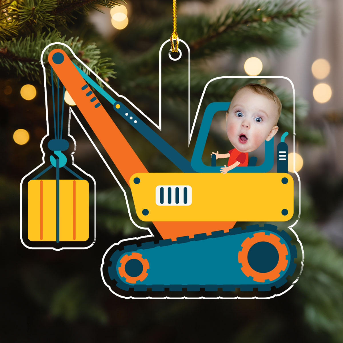 Christmas Boy Riding Construction Vehicle - Personalized Custom Acrylic Ornament